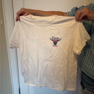 Mens Coors Banquet Rodeo Logo Distressed Front and Back Natural T-Shirt Medium